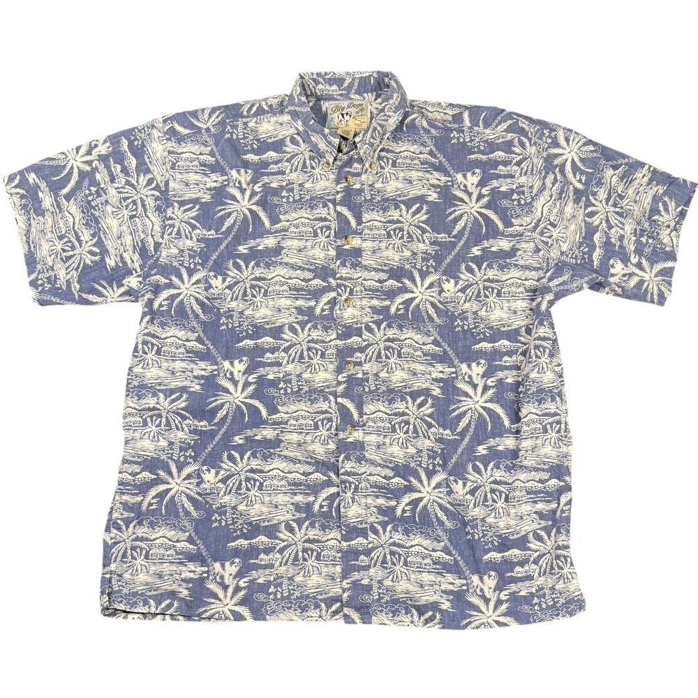 Big Dogs Mens S/S Large Blue Button Up Palmetto Trees AOP VTG Men's Camp Shirt